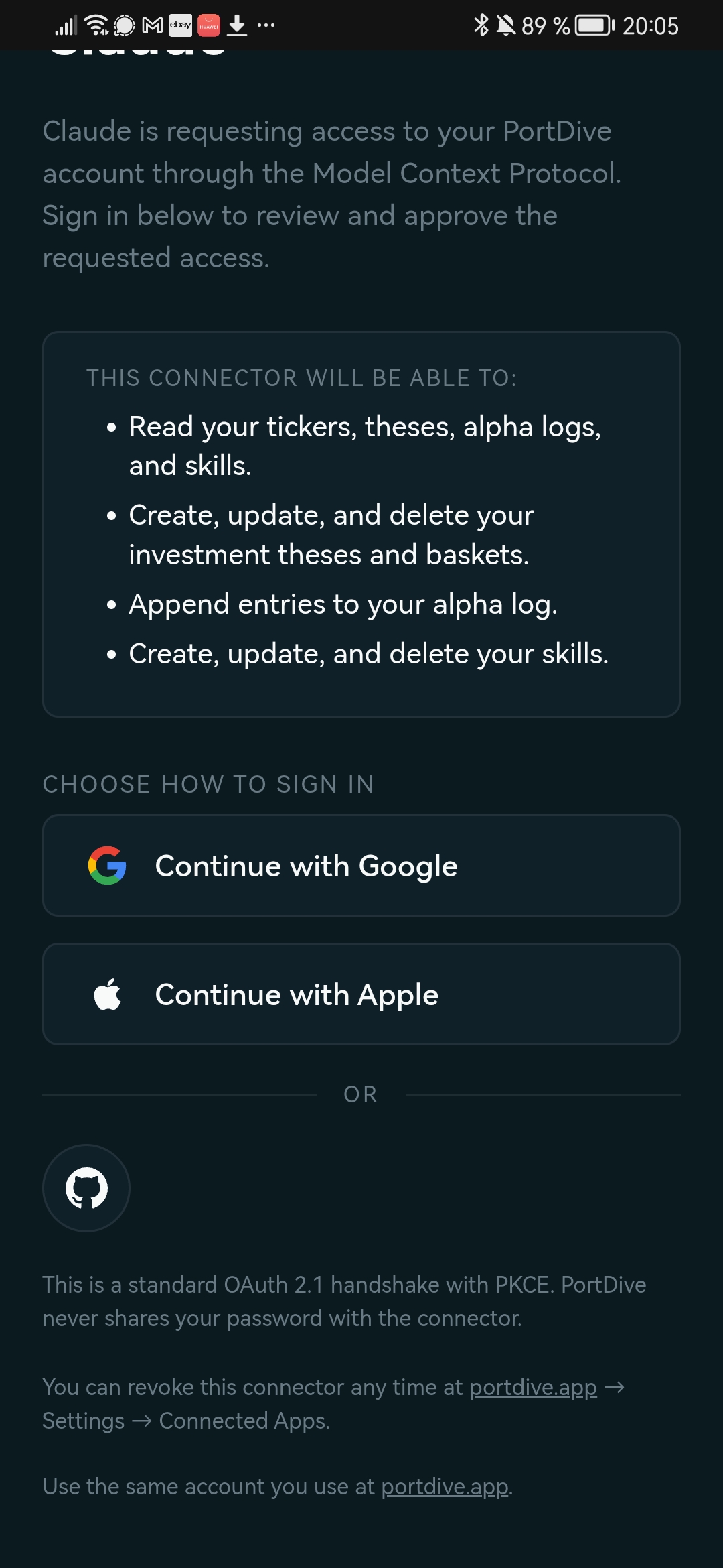 PortDive Auth Bridge — Anmeldung