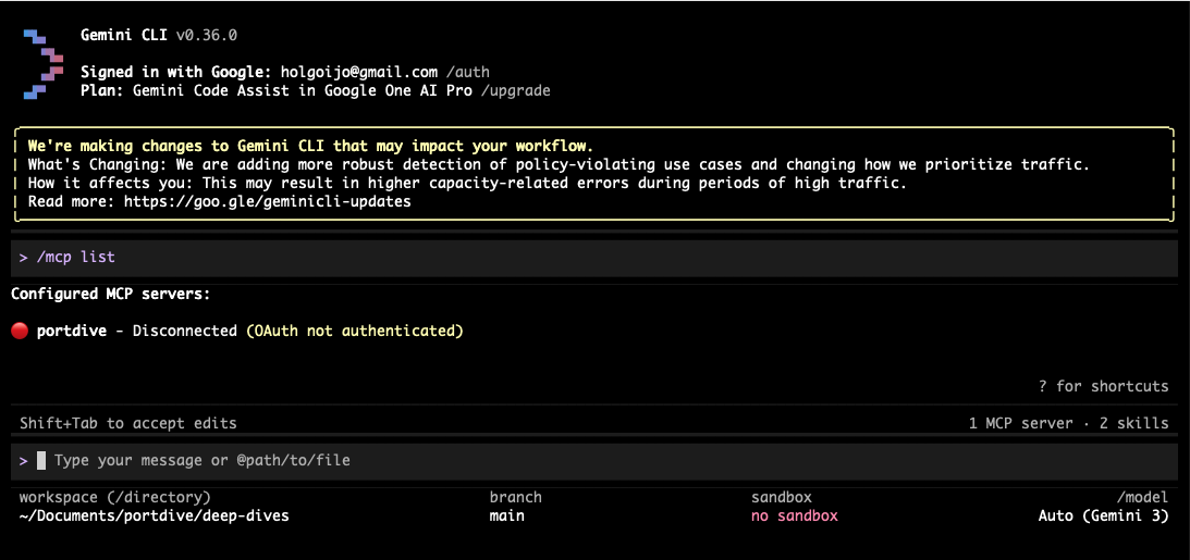 Gemini CLI: portdive disconnected