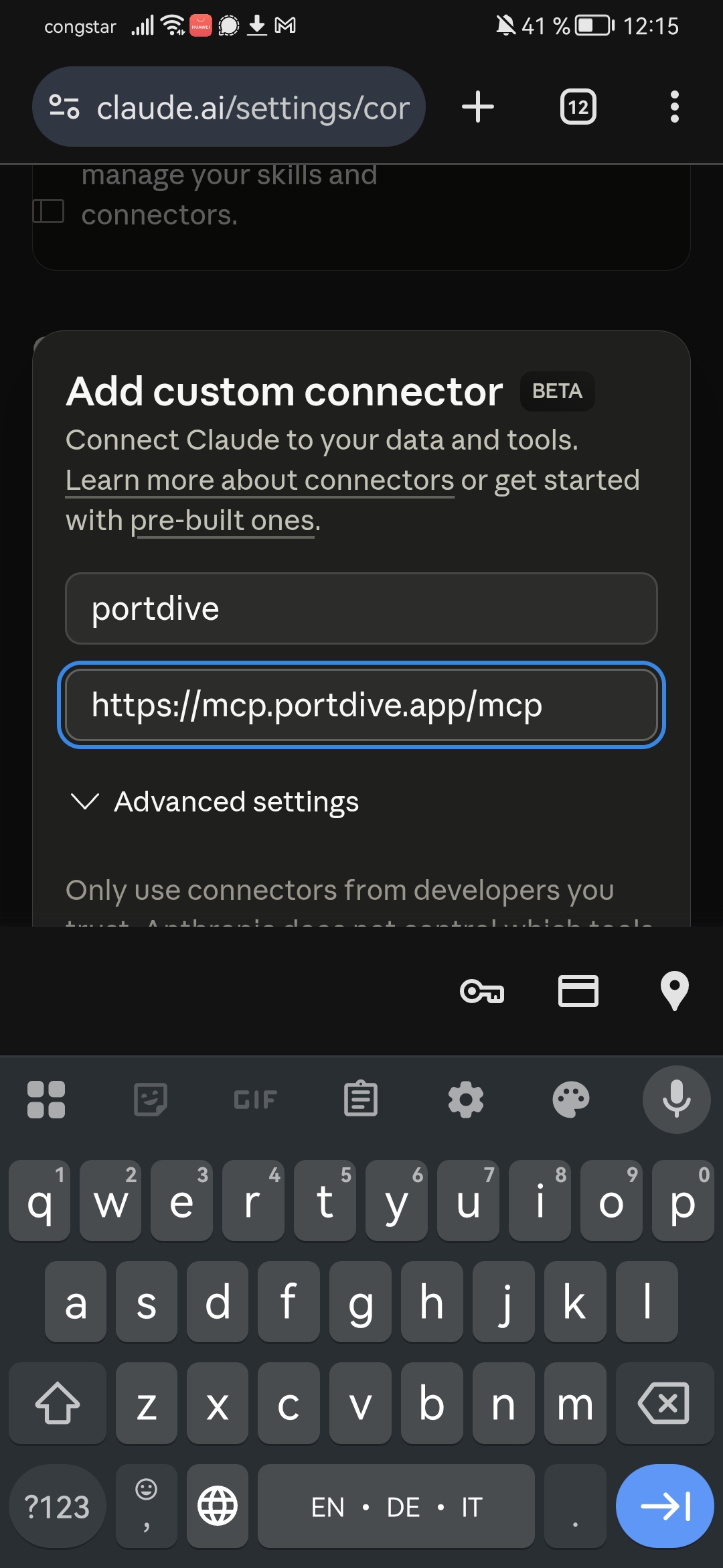 Enter connector details