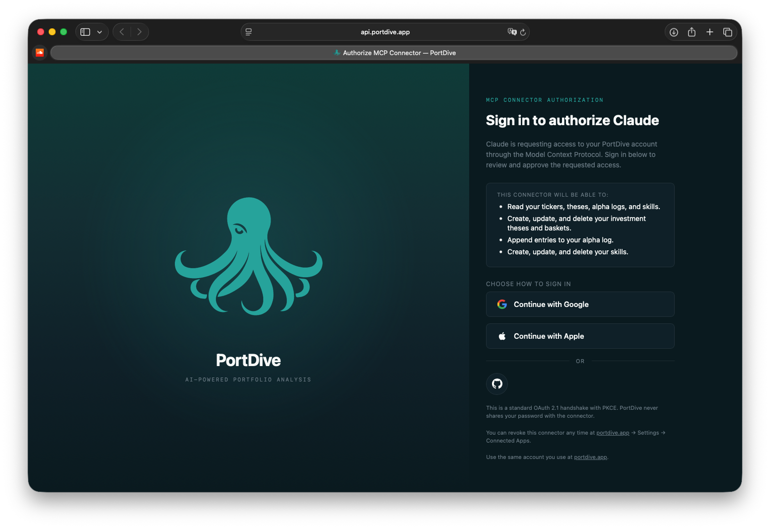 PortDive auth bridge