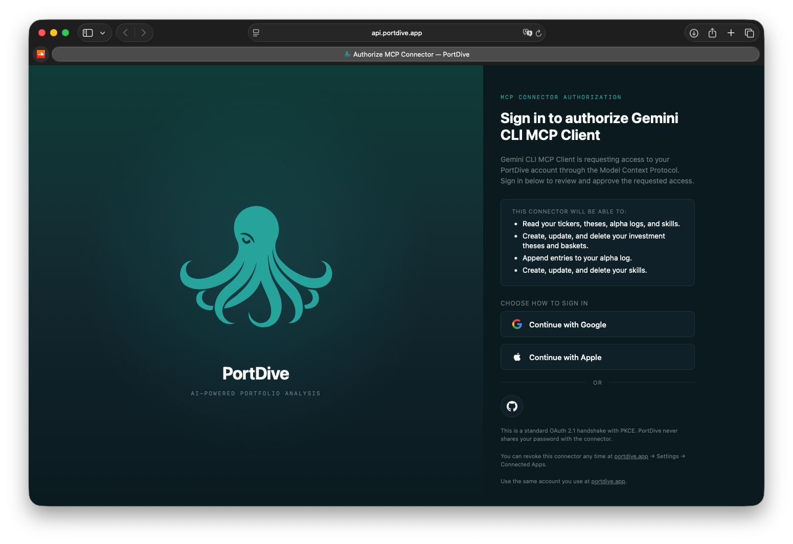 PortDive auth bridge for Gemini CLI